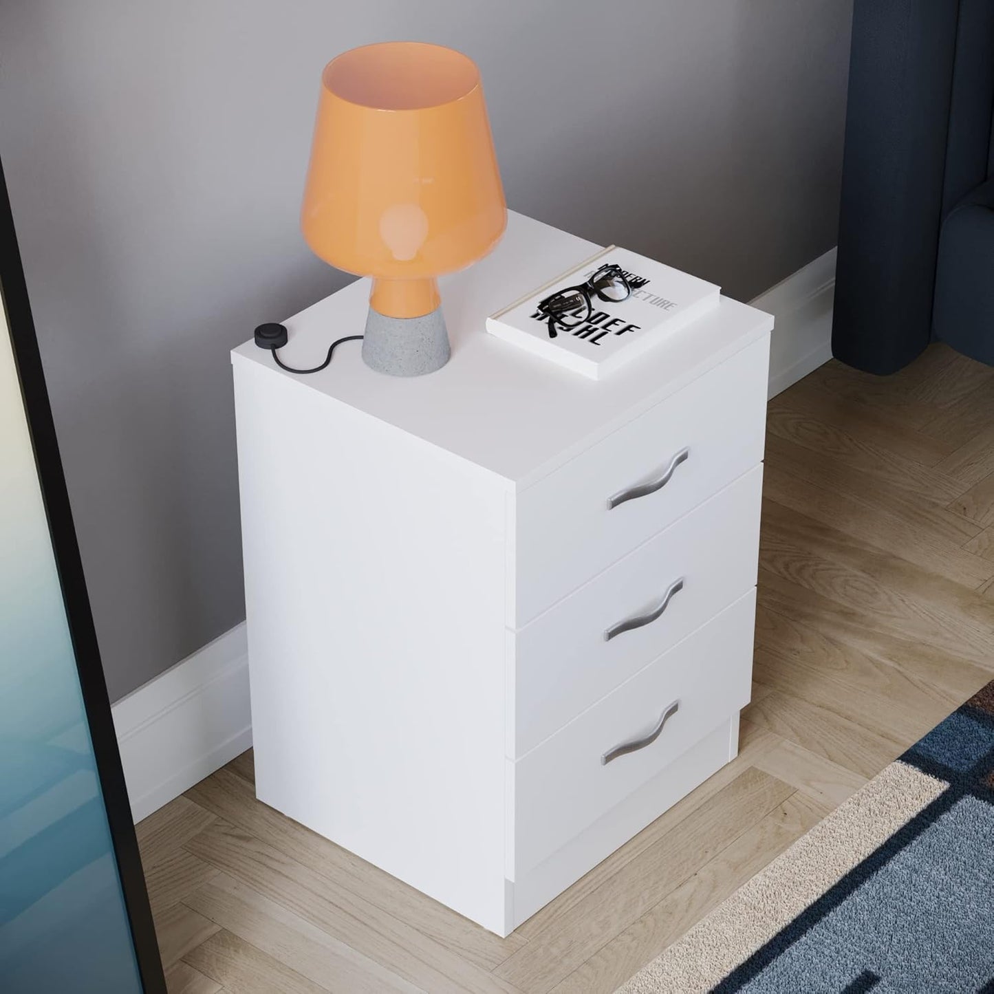 Vida Designs Large White Bedside Cabinet Chest of Drawers, 3 Drawer With Metal Handles and Runners, Unique Anti-Bowing Drawer Support, Riano Bedroom Furniture
