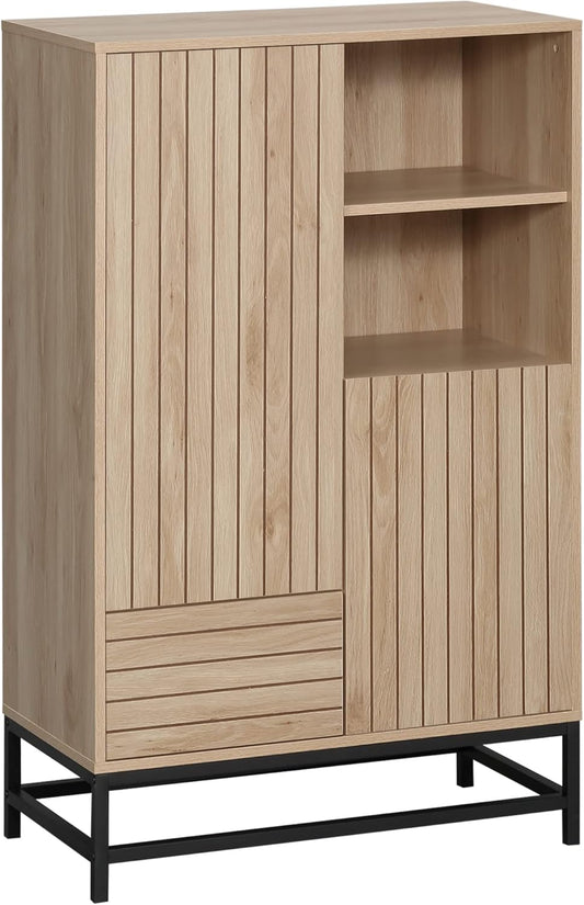 HOMCOM Sideboard Storage Unit with 2 Cupboards, 1 Drawer and 2 Niches, Wood Look – 75 x 40 x 120 cm – MDF and Metal