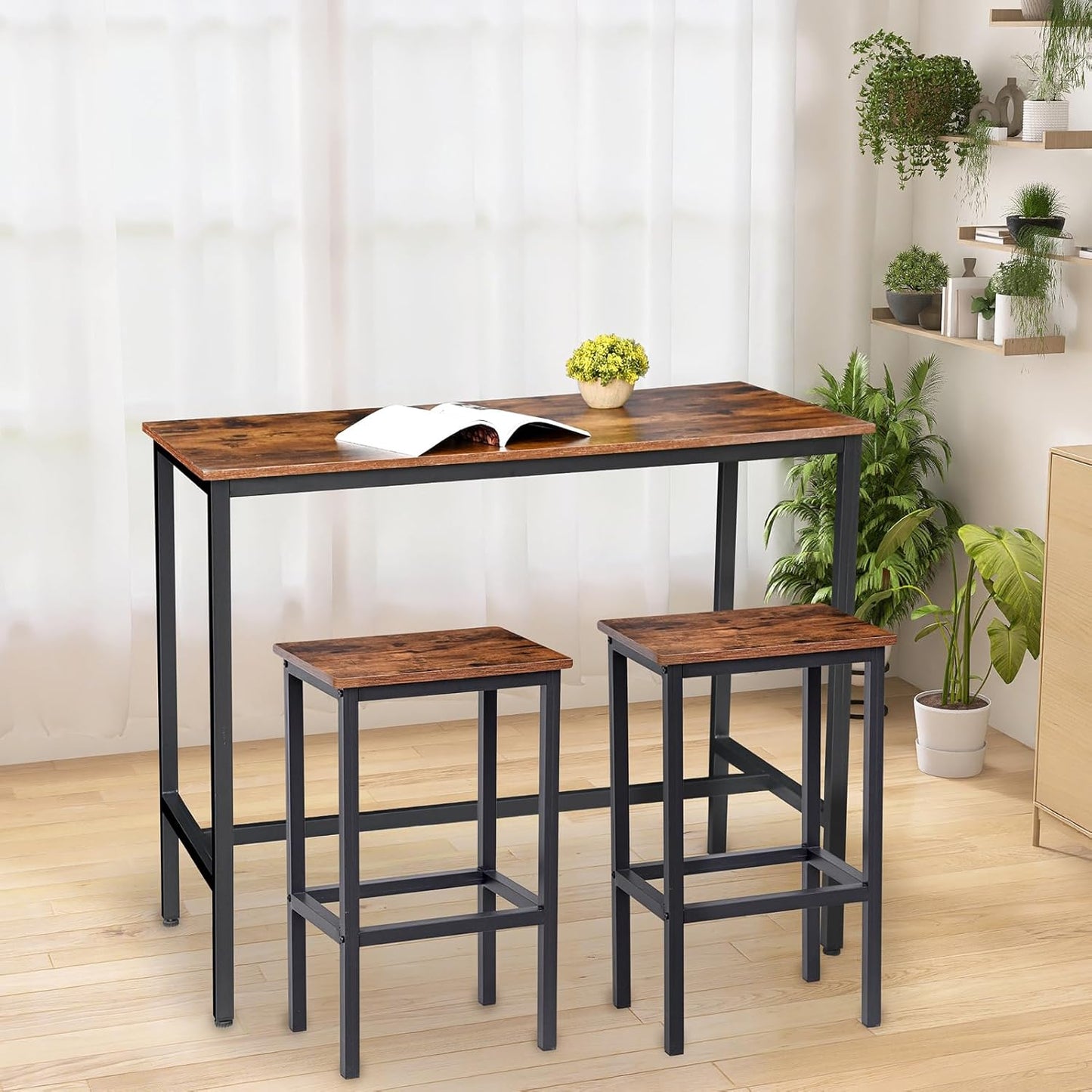 H JINHUI Bar Stools Set of 2, Industrial Style Breakfast Stool Chairs, Counter Height High Stools, Kitchen Bar Stools, 65cm High Seat, for Farmhouse, Living Room, Cafe Pub, Rustic Brown and Black