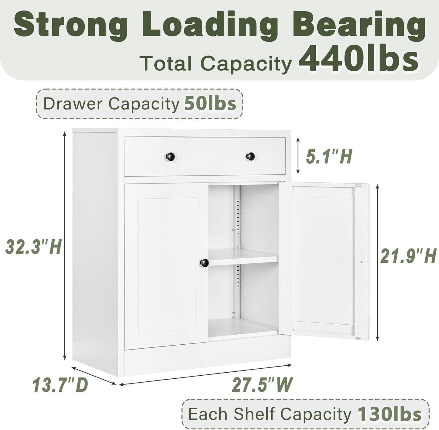 CJF Modern White Large Rectangular Floor Standing Cabinet with 1 Drawer & 2 Adjustable Shelves, Ideal for Entryway, Kitchen Pantry, Dining Room Buffet, Living Room Storage, Bathroom, Office Coffee Bar