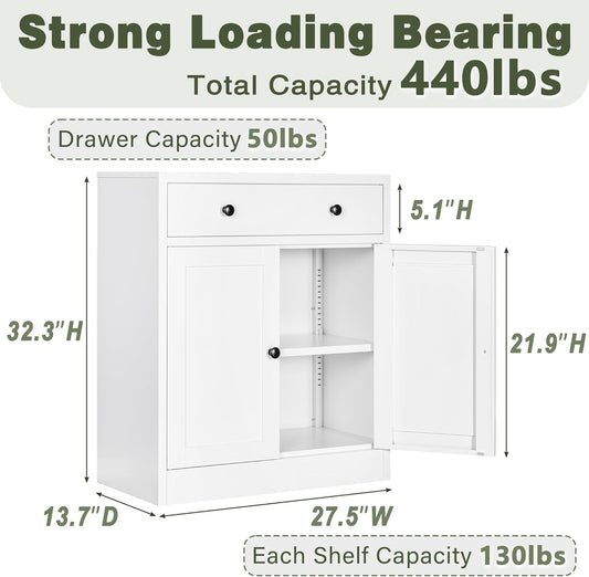 CJF Modern White Large Rectangular Floor Standing Cabinet with 1 Drawer & 2 Adjustable Shelves, Ideal for Entryway, Kitchen Pantry, Dining Room Buffet, Living Room Storage, Bathroom, Office Coffee Bar