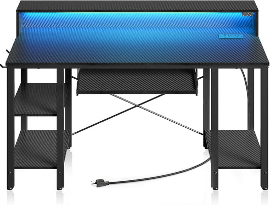 Rolanstar Computer Desk with LED Lights & Power Outlets, 47” Gaming Desk with Storage Shelves, Home Office Desk with Keyboard Tray & Monitor Stand, with Hooks, Carbon Fiber Surface Black