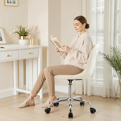 VECELO Armless Home Office Desk Chair, Height Adjustable, PU Leather 360 Degree Swivel with Wheels, Stylish Casual Vanity Seat for Study, Work, Makeup, Leisure, Weight up to 330 Lbs, White