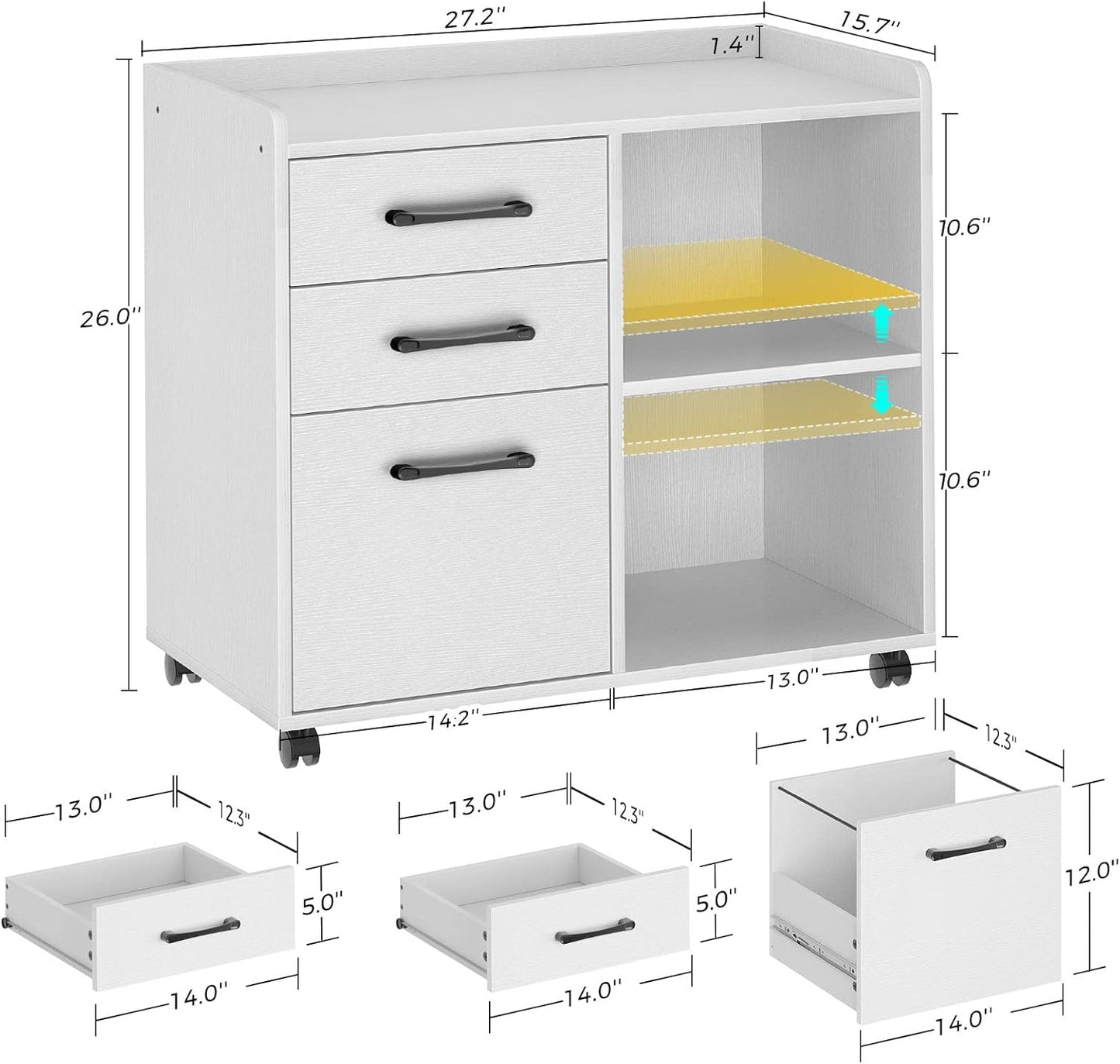 Rolanstar File Cabinet 3-Drawers, Mobile Lateral Printer Stand with Open Storage Shelf, Rolling Filing Cabinet with Wheels for A4/Letter Size,White