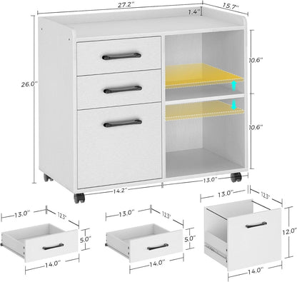Rolanstar File Cabinet 3-Drawers, Mobile Lateral Printer Stand with Open Storage Shelf, Rolling Filing Cabinet with Wheels for A4/Letter Size,White