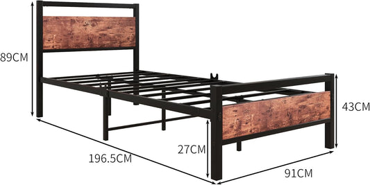 BOFENG 3ft Single Bed Frames Solid Bedstead Base with Wood Headboard,Heavy Duty Metal Platform Bed Frame No Box Spring Needed,Mattress Base/Metal Slat Support/Underbed Storage Space/Rustic Brown