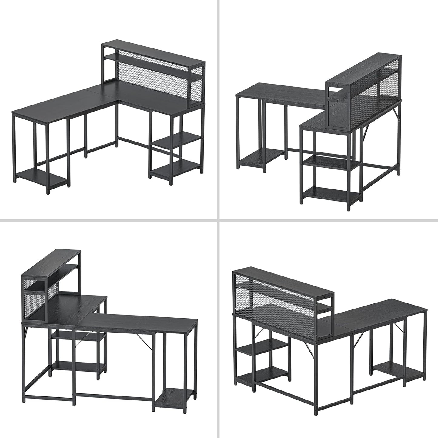 CubiCubi L Shaped Computer Desk with Hutch & Iron Mesh, 59 inch Large Home Office Desk with Storage Shelves, Study Table Writing Desk Workstation, Black