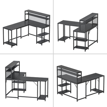 CubiCubi L Shaped Computer Desk with Hutch & Iron Mesh, 59 inch Large Home Office Desk with Storage Shelves, Study Table Writing Desk Workstation, Black