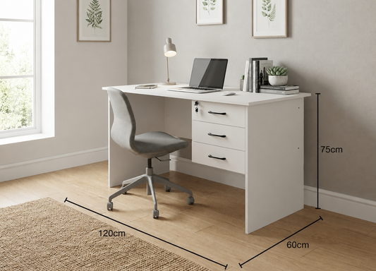 FurniFlex Desk with Fixed Lockable Drawers, White