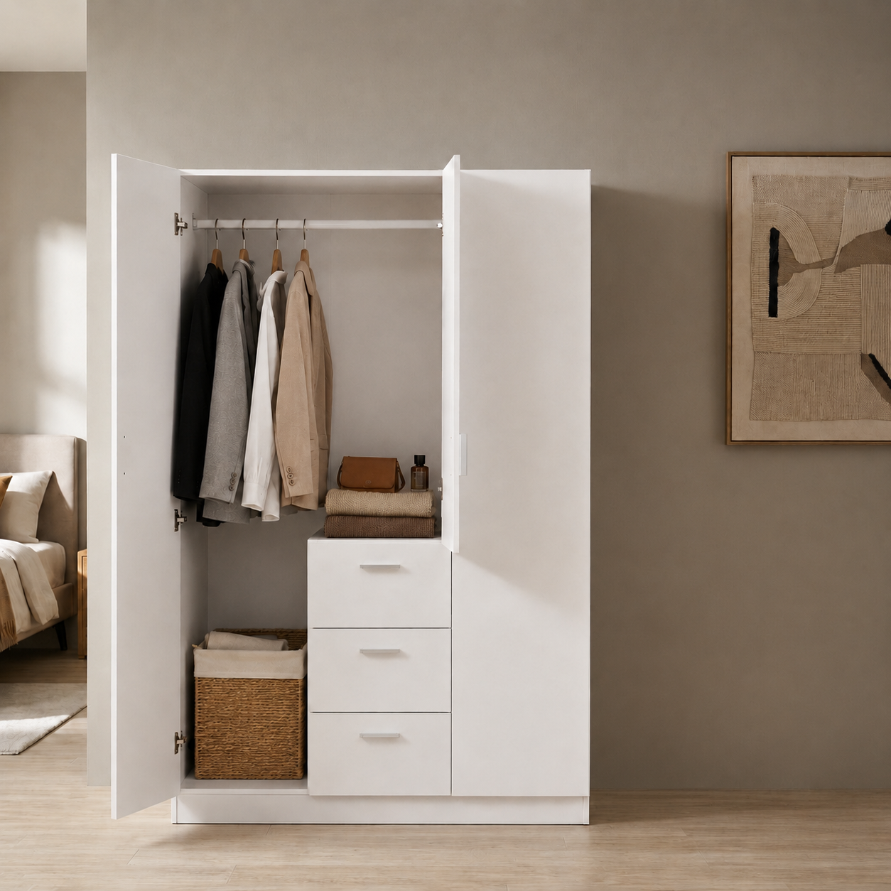 Modern 2-Door Wardrobe Closet with 3 Drawers & Shelves – Freestanding Bedroom Storage Cabinet, White