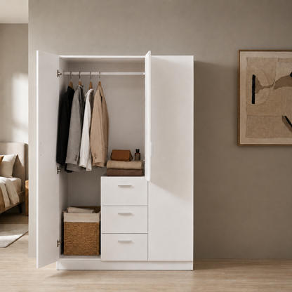 Modern 2-Door Wardrobe Closet with 3 Drawers & Shelves – Freestanding Bedroom Storage Cabinet, White