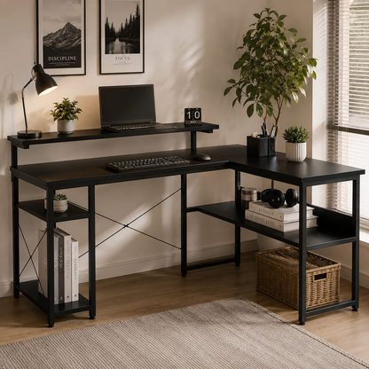 L-Shaped Computer Desk with Storage Shelves and Monitor Stand