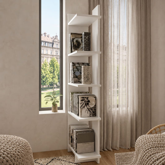 Modern 5-Tier White Bookshelf – Freestanding Narrow Display Storage Shelf for Books, Décor & Home Office  Description