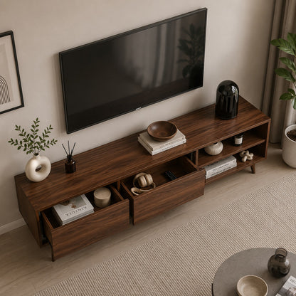 DecorNation Akiwa Solid Wood TV Unit Table - One Compartment with with 2 Drawers and Shelf for Living Room, Bedroom, Office Furniture Stand (63 x 14 x 16 inches, Natural Finish)