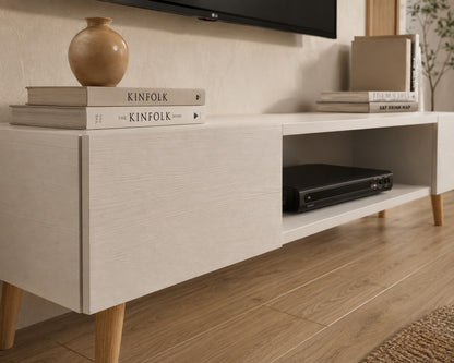 Modern White TV Stand with Open Shelf & Side Storage Cabinets – Scandinavian Entertainment Center
