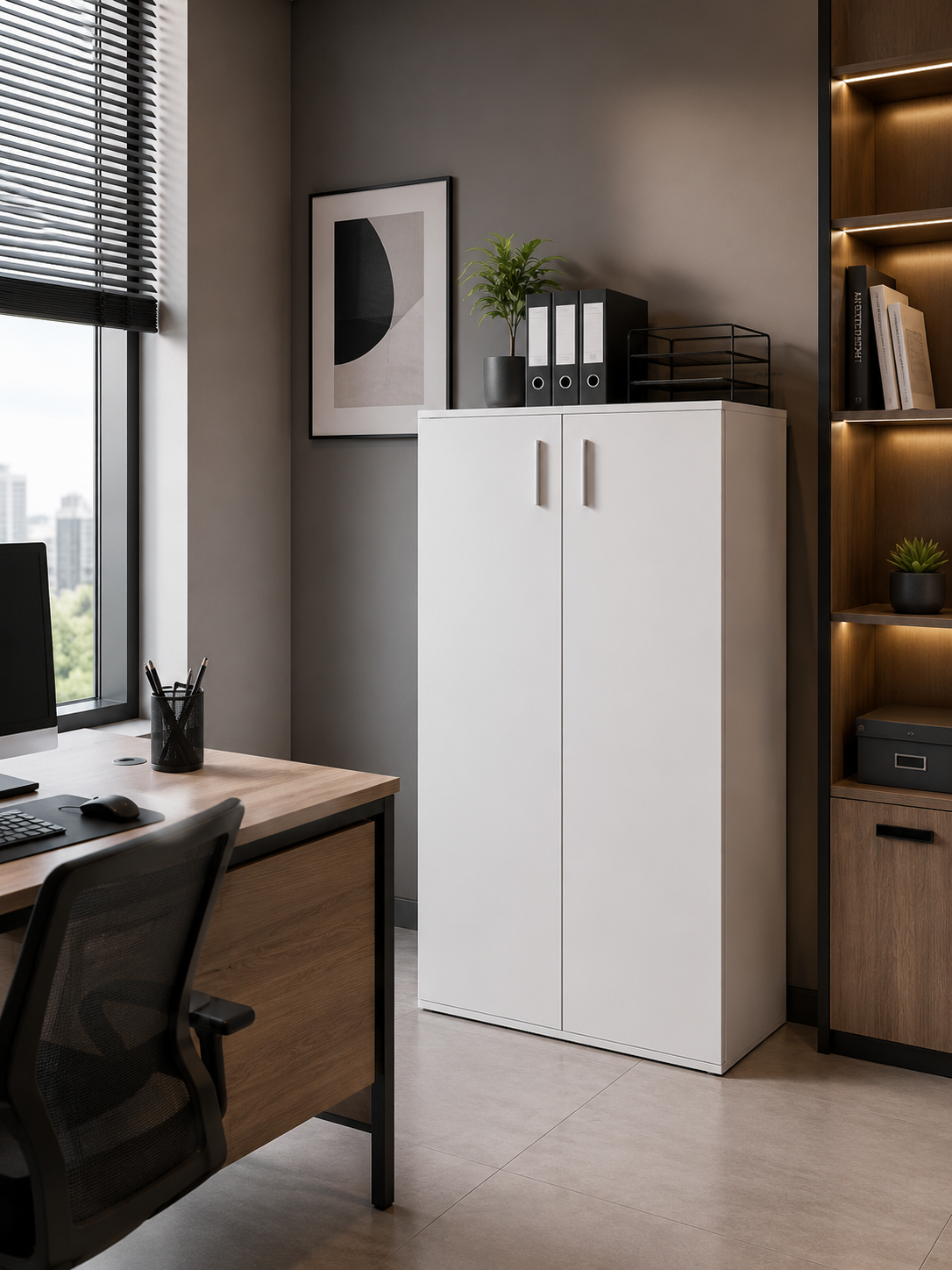 White Vela Bookshelf With 2 Doors | 3 Compartments | 115.5x60x30cm | Modern Side Cabinet | Bookcase | Wardrobe | Wooden Storage Unit | Shoe Storage
