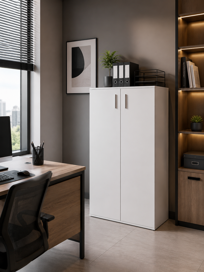 White Vela Bookshelf With 2 Doors | 3 Compartments | 115.5x60x30cm | Modern Side Cabinet | Bookcase | Wardrobe | Wooden Storage Unit | Shoe Storage