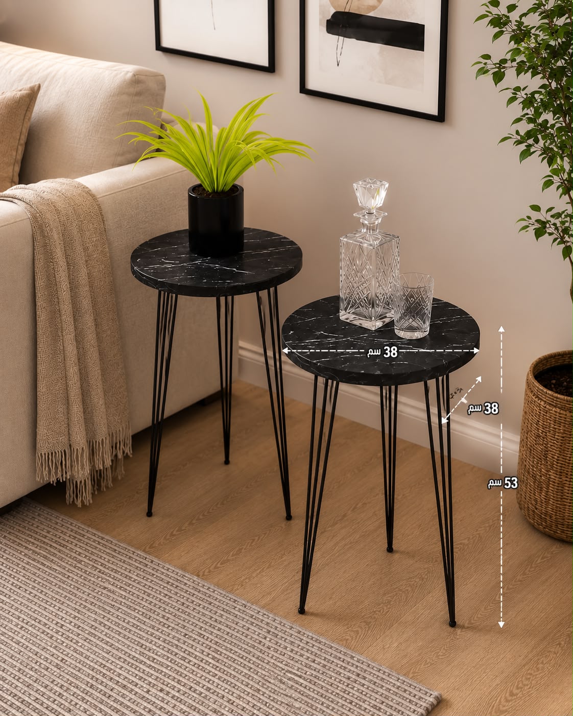Woodx Set of 2 Black Marble End Tables Round Wood Sofa Side Coffee Tables for Small Spaces, Nightstand Bedside Table with Metal Legs for Bedroom, Living Room, Office, Balcony