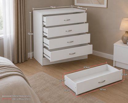 White Chest of Drawers, 4 Drawer With Metal Handles & Runners, Unique Anti-Bowing Drawer Support, Riano Bedroom Furniture