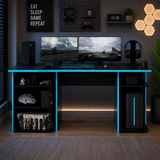 Madesa Gaming Computer Table and Office Desk with 5 Shelves and Cable Management, Wood, 136x75x60 Cm – Black/Blue