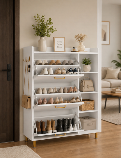 Tribesigns Flip Drawers Shoe Cabinet, Shoes Storage Cabinet with 3 Flip Drawer and 5 Shelves, Modern White Golden Shoes Storage Organizer Cabinet for Closet, Living Room, Bedroom