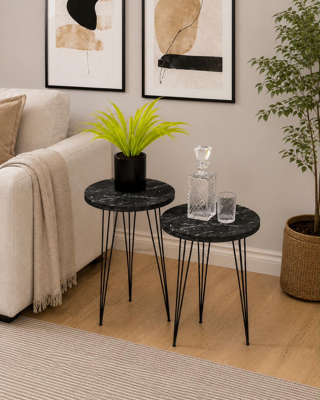 Woodx Set of 2 Black Marble End Tables Round Wood Sofa Side Coffee Tables for Small Spaces, Nightstand Bedside Table with Metal Legs for Bedroom, Living Room, Office, Balcony