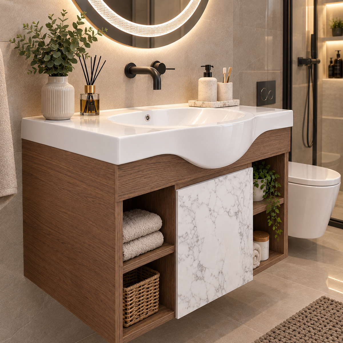 Modern Wall-Mounted Bathroom Vanity with Ceramic Sink