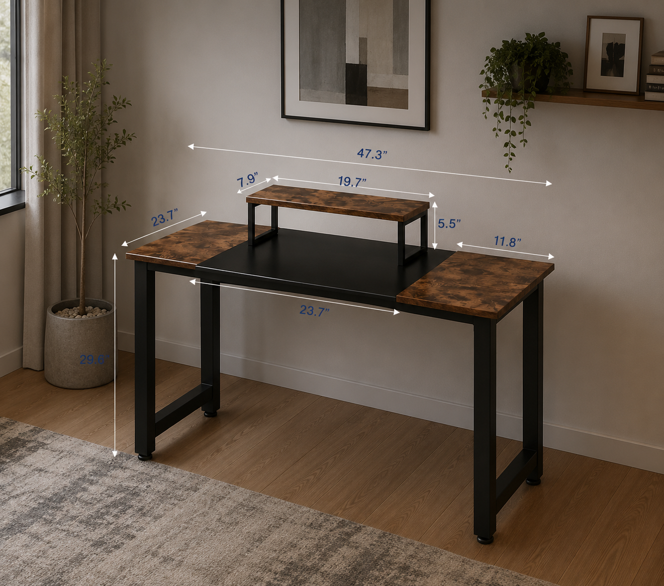 I Shaped Computer Desk with Removable Monitor Stand, 47in, Black Brown