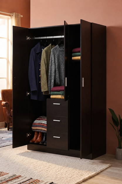 Modern 3 Doors Wardrobes with 3 Drawers and Hanging Rail Large Triple Clothes Storage Closet for Home Bedroom Units (Black)