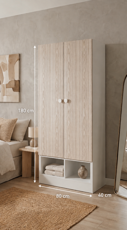 Home Box Vanilla 2-Door Wardrobe, Oak/White - W80 x D40 x H180 cm