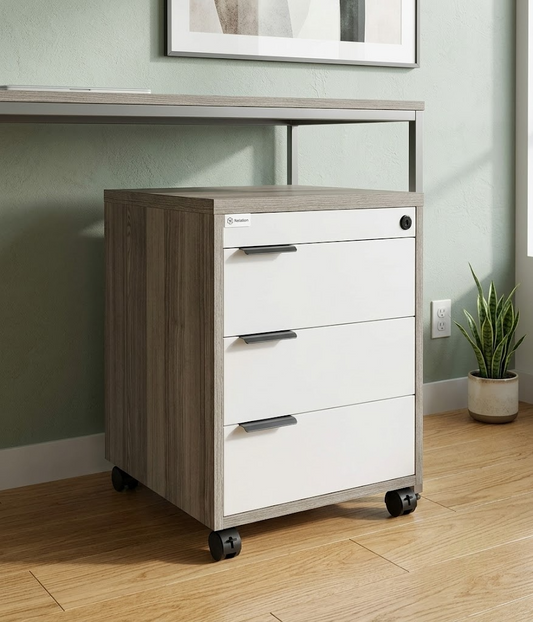 3-Drawer Mobile File Cabinet with Lock – Rolling Under Desk Storage Organizer, White & Wood Finish