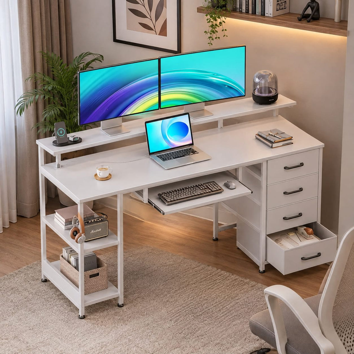 Modern White Computer Desk with Storage Drawers & Multi-Tier Shelving