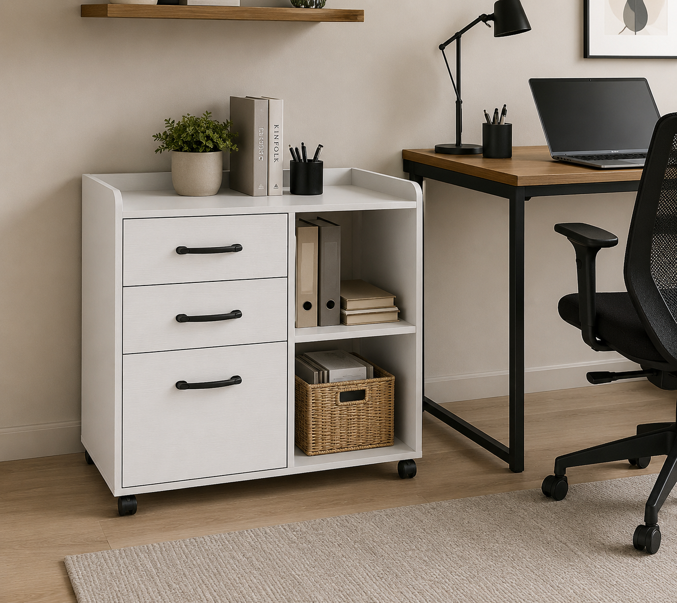 Rolanstar File Cabinet 3-Drawers, Mobile Lateral Printer Stand with Open Storage Shelf, Rolling Filing Cabinet with Wheels for A4/Letter Size,White