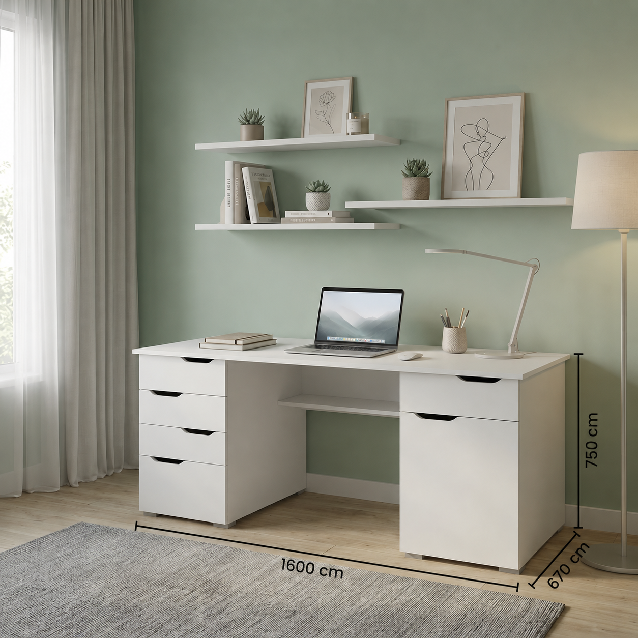 Alphason,AW1374WHT,Kentucky Sturdy Wood Effect desk - White Oak and Gloss White,White Oak and Gloss White,750x1600x670mm