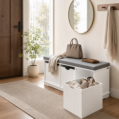 Storage Bench with 3 Drawers & Removable Seat Cushion, White