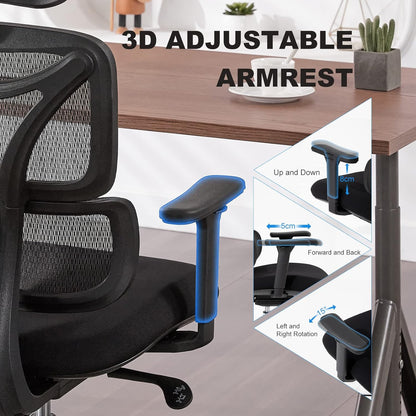 Ergonomic Office Chair, Home Office Desk Chair with Adjustable Headrest & Armrest, High Back Mesh Computer Chair with Thickened Cushion & Dynamic Lumbar Supportï¼Œ360° Swivel Chair for Home Office