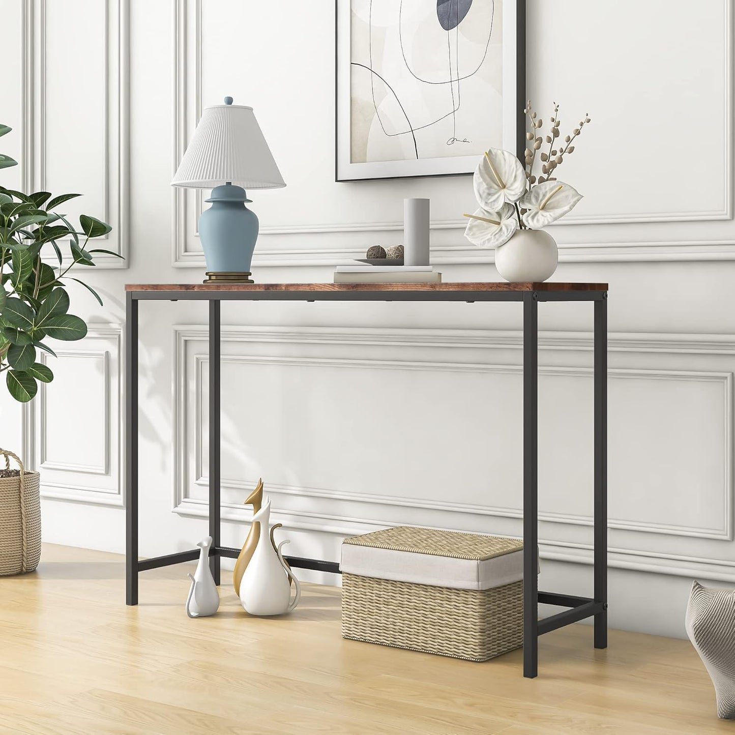 FOUBAM Console Table, Narrow Entryway Tables, Thin Sofa Table Behind Couch Table, Long Hallway Table for Living Room, Sturdy Coffee Snack Table, Side Table,End Table (Black & Brown)