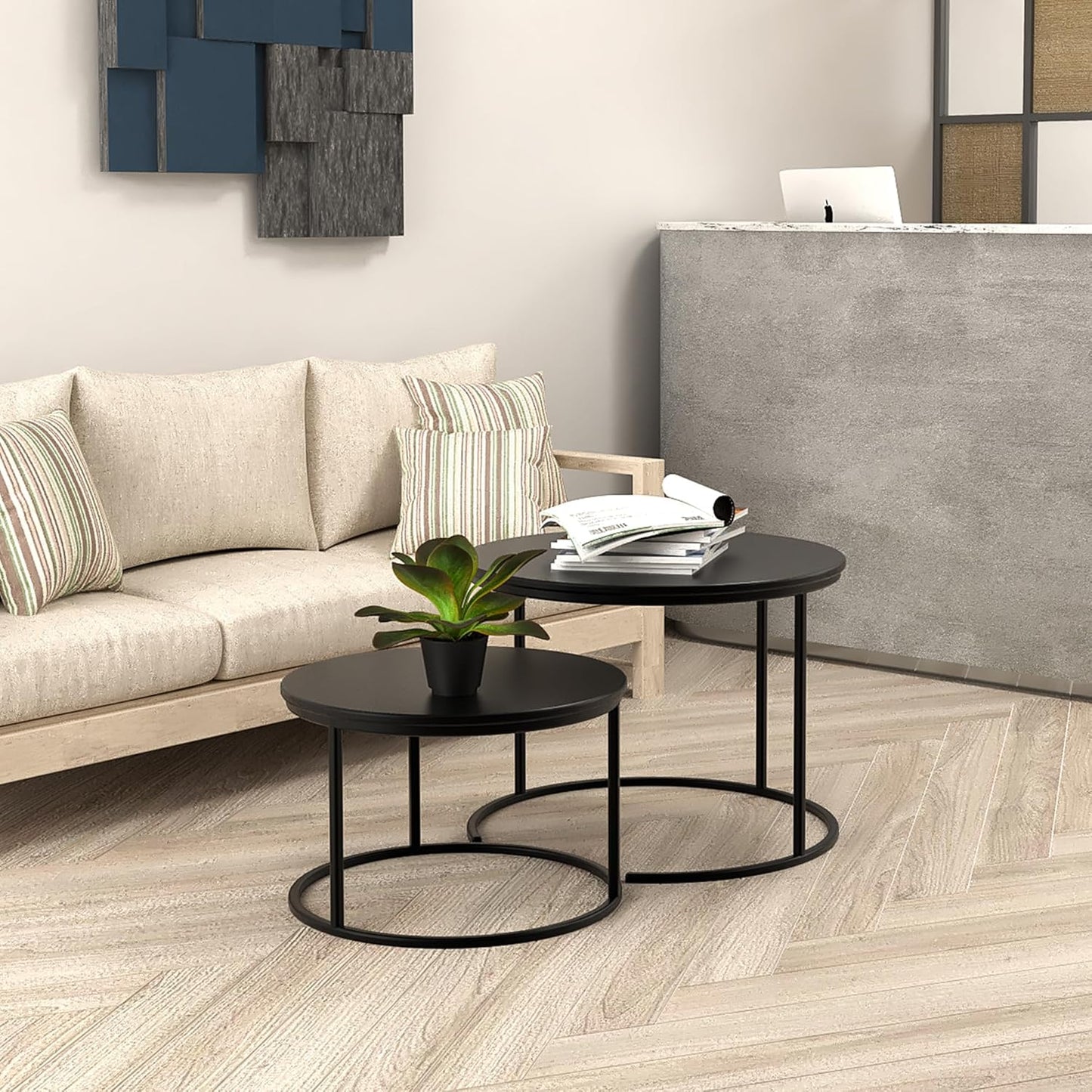 RIGID Nesting Tables Set of 2 Wood Coffee Table Round, Farmhouse End Tables for Living Room, Small Couch Tea Table, Industrial Stacking Side Tables with Sturdy Steel Metal Frame