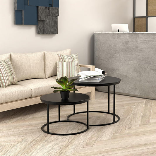 RIGID Nesting Tables Set of 2 Wood Coffee Table Round, Farmhouse End Tables for Living Room, Small Couch Tea Table, Industrial Stacking Side Tables with Sturdy Steel Metal Frame