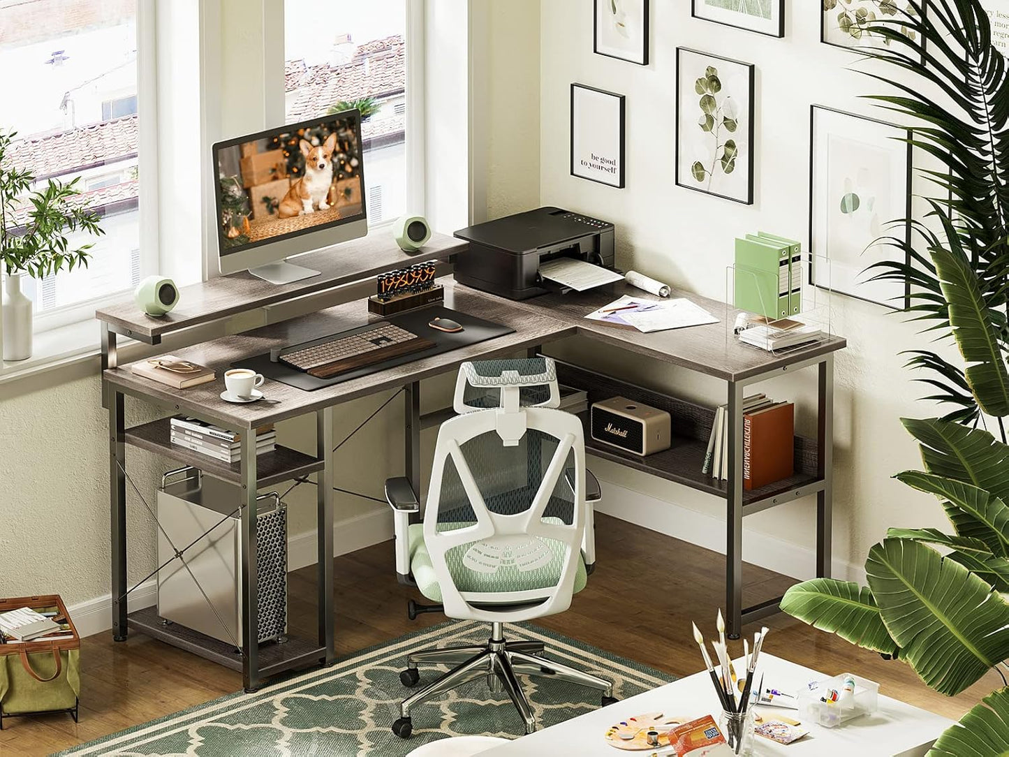 ODK L Shaped Computer Desk, 54" Reversible L Shaped Desk, Corner Computer Desk with Storage Shelves & Monitor Stand, Home Office Desk, Gaming Desk, Corner Desk, Writing Desk, Grey Oak
