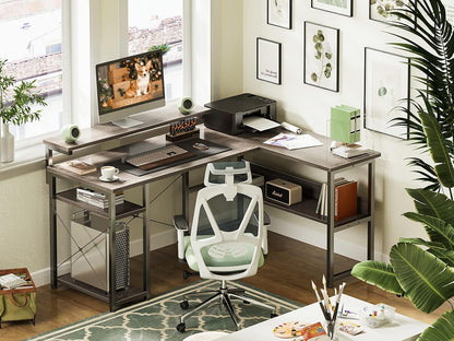 ODK L Shaped Computer Desk, 54" Reversible L Shaped Desk, Corner Computer Desk with Storage Shelves & Monitor Stand, Home Office Desk, Gaming Desk, Corner Desk, Writing Desk, Grey Oak