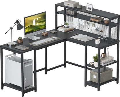 CubiCubi L Shaped Computer Desk with Hutch & Iron Mesh, 59 inch Large Home Office Desk with Storage Shelves, Study Table Writing Desk Workstation, Black