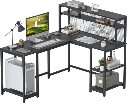 CubiCubi L Shaped Computer Desk with Hutch & Iron Mesh, 59 inch Large Home Office Desk with Storage Shelves, Study Table Writing Desk Workstation, Black
