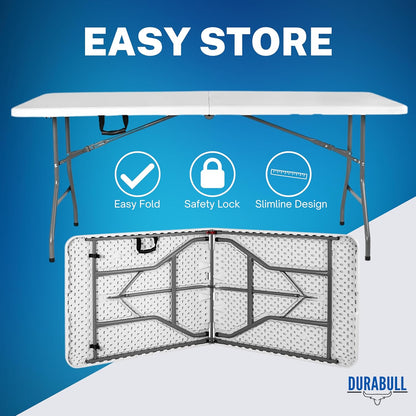 Durabull 6ft Plastic Folding Trestle Table - Heavy Duty -Indoor & Outdoor Solution for All Occasions - 150kg Capacity- Easy Setup, Folds in Half for Compact Storage, Portable with Carry Handle