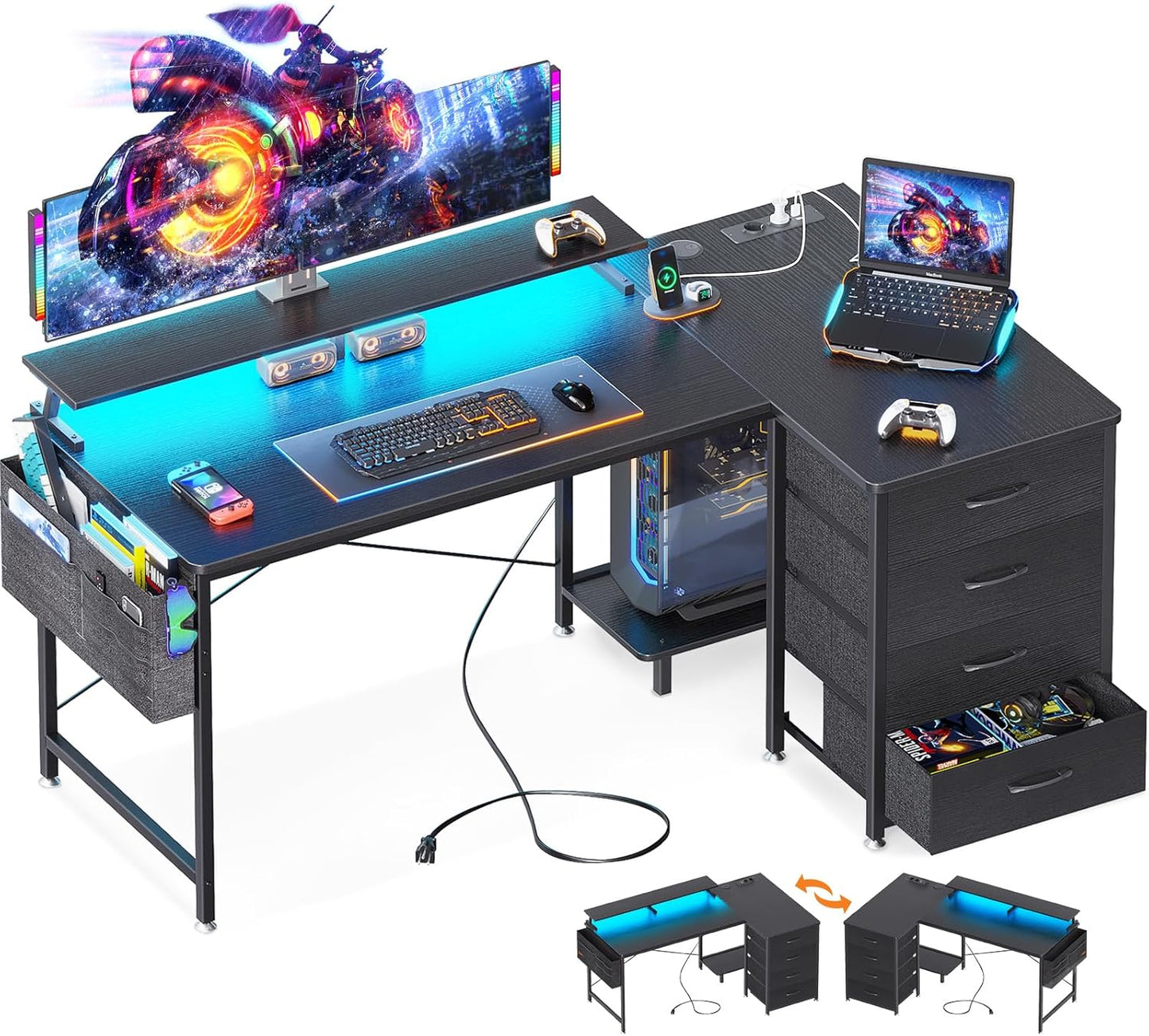 ODK Corner Desk with 4 Fabric Drawers, Reversible Desk L Shape with 2 Sockets and 2 USB Charging Ports, Gaming Table L Shape with LED & Monitor Stand for Home Office (Brown, 140 x 80 x 85.9 cm)
