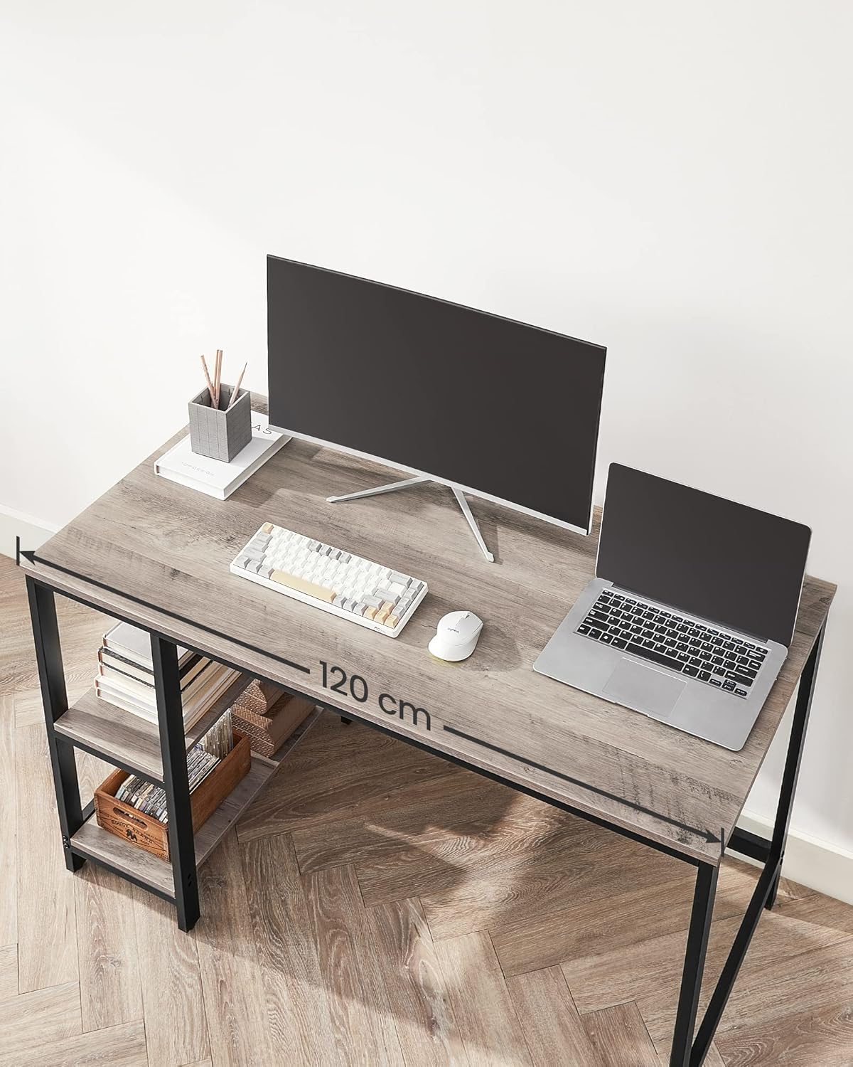 Woodx Computer Desk, Writing Desk with 2 Shelves on Left or Right, Work Table for Office Living Room, Steel Frame, Industrial, Greige and Black
