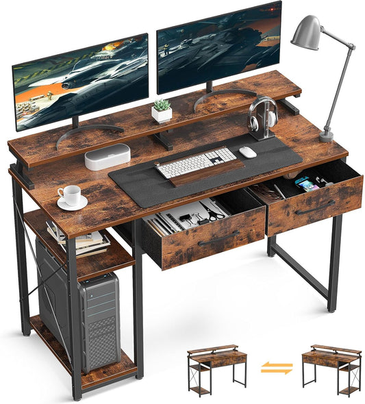 ODK Computer Desk 40" Table: Office Desk with Drawers & Wood Storage Shelves, Home Work Writing Desk & Large Space Monitor Stand, Rustic Brown