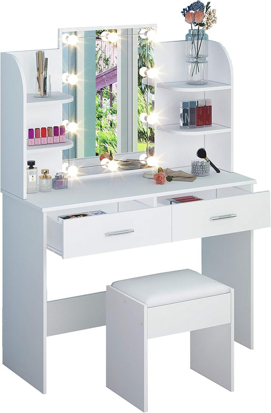 AWOOOD White Dressing Table,Dressing Tables with Lights & Mirror,Vanity Makeup Table Set with 2 Large Drawers & Stool for Girls