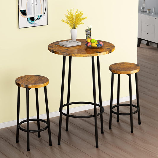 AWQM 3 Piece Bar Table Set, Small Round Pub Table Set for 2, Counter Height 3 Piece Dining Set for Breakfast Nook, Bistro, Dining Room, Kitchen - Rustic Brown