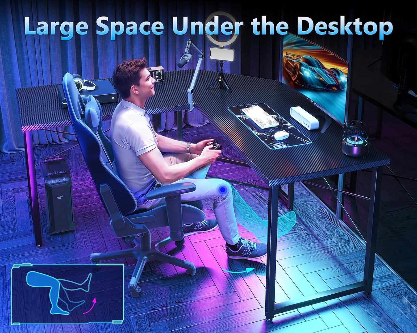 ODK l Shaped Gaming Desk 51inch, Carbon Fiber Surface, Black